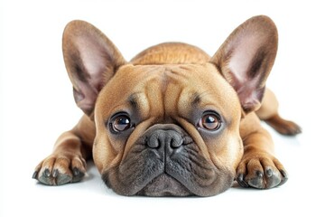 Obraz premium French bulldog lying down, relaxed pose on white background, isolate,