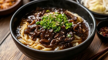Jajangmyeon is topped with delicious chicken and mushroom pieces. The chewy texture of the noodles goes well with the sweet and savory sauce. Scallions and sesame seeds add a unique flavor.