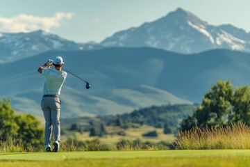 A man playing golf with mountains in the background