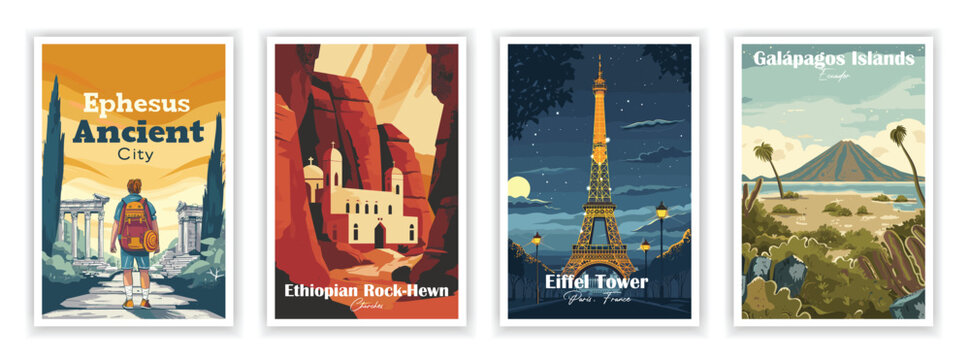 Set of 4 Vintag travel posters, Vintage travel illustrations, Vector colorful illustrations. Trendy printable wall art with beautiful landscapes. 