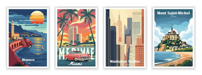 Set of 4 Vintag travel posters, Vintage travel illustrations, Vector colorful illustrations. Trendy printable wall art with beautiful landscapes. 