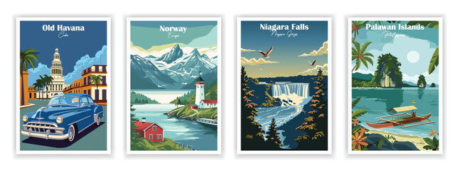 Set of 4 Vintag travel posters, Vintage travel illustrations, Vector colorful illustrations. Trendy printable wall art with beautiful landscapes. 