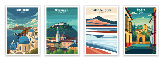Fototapeta premium Set of 4 Vintag travel posters, Vintage travel illustrations, Vector colorful illustrations. Trendy printable wall art with beautiful landscapes. 