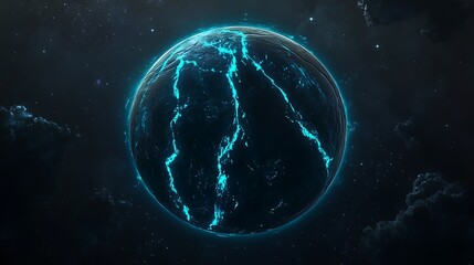 Obraz premium Mystical Obsidian Planet with Neon Blue Veins in Deep Space