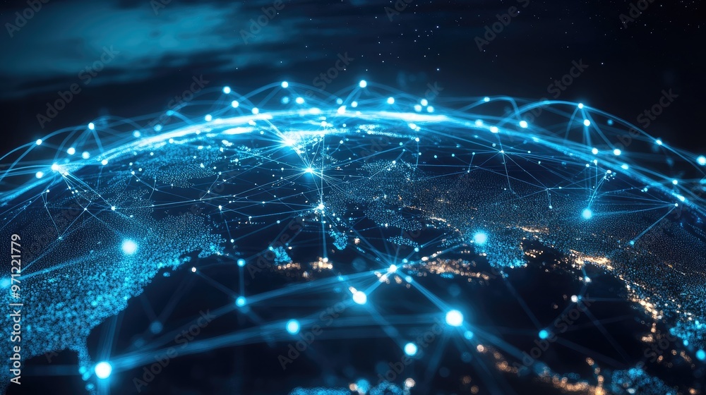 Poster abstract digital network with glowing lines connecting around the globe, representing the flow of gl