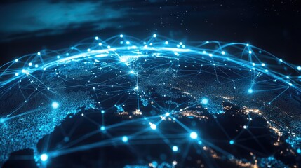 Abstract digital network with glowing lines connecting around the globe, representing the flow of global data and technology
