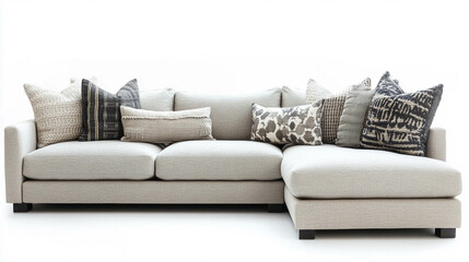 Neutral gray sectional sofa with a mix of textured throw pillows, on a white background