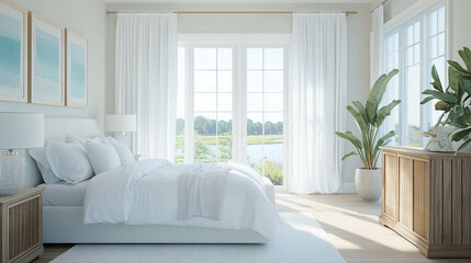 Bright, airy coastal bedroom with crisp white linens, light blue accents, and large windows allowing natural light to illuminate the space