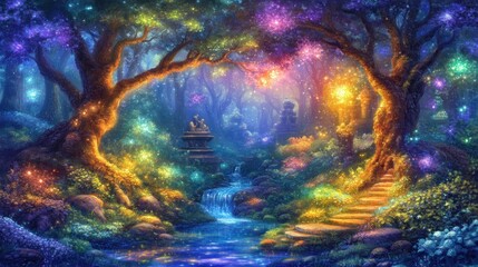Fototapeta premium A vibrant, enchanted forest scene with glowing lights, a waterfall, and winding paths.