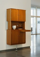 Fototapeta premium Wooden Cabinet With Sliding Drawer and Glass Shelves