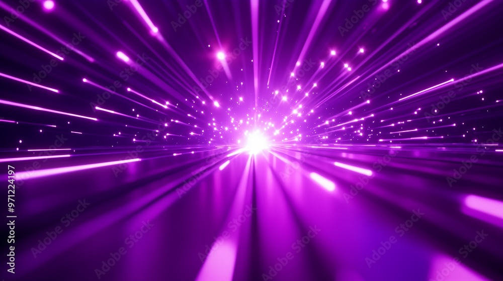 Poster dynamic purple light rays burst forward in an abstract representation of energy and movement, creati