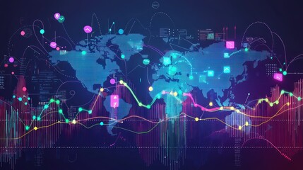 A conceptual illustration of dynamic financial investment trends, with graphical analysis of the global stock market and forex trading.