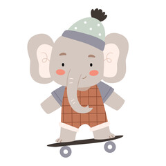 Cute elephant in stylish clothes on a skateboard. Children's illustration in Scandinavian style in pastel colors. Print for clothes. Poster.