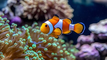A clownfish swims through a vibrant coral reef in a brightly lit tank.