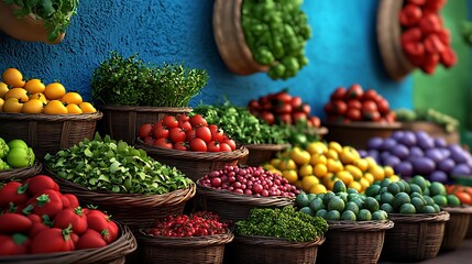Fresh produce spills out of baskets at a local market, a riot of color and variety.