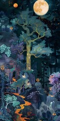Nighttime Fantasy Forest Landscape with Moon and Stars