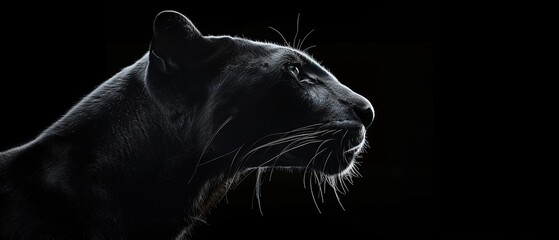 A black panther is staring at the camera. The image is in black and white and has a moody,...