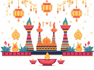 Flat Diwali Lanterns and Swastik Motifs Border Frame for Sacred Wording | Holy Copy Space Design for Spiritual Messages