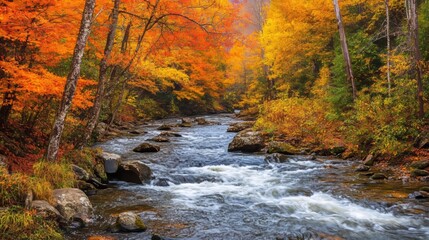 Little River amidst vibrant fall foliage in Smoky Mountains National Park, Tennessee.