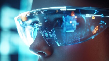 Augmented reality glasses projecting holograms in front of the wearer, showcasing futuristic data overlays and interactive elements.