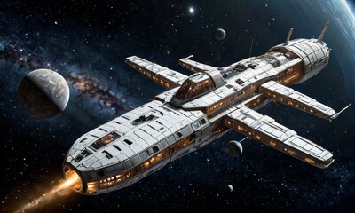 Fototapeta premium Futuristic Spacecraft Orbiting Earth in Galaxy