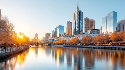 Majestic Golden Hour Cityscape: Skyscrapers Reflecting in Glowing River Waters