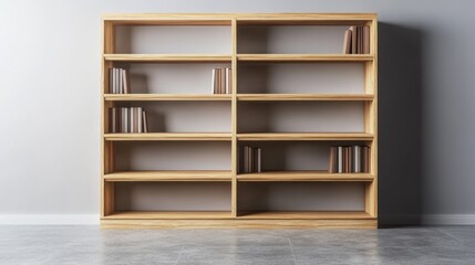 Blank wooden bookshelf in minimalist 3D rendering, with empty shelves ready to display books or objects in a clean, modern space.