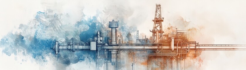 A beautiful artistic rendering of an oil platform, blending hues of blue and orange to illustrate an industrial scene.