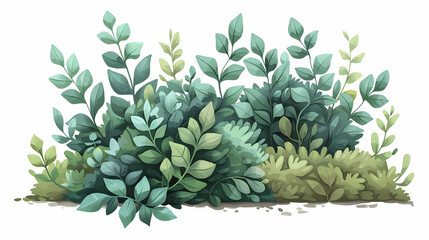 Fototapeta premium Cute green bush from the forest cartoon, isolated nature object for kids design. Branches and leaves of a fluffy bush isolated on a white background. Vector hand drawn illustration in paper cute style