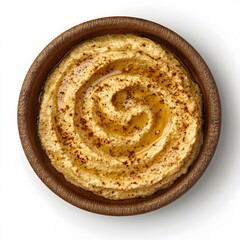 Fototapeta premium Delicious creamy hummus topped with olive oil and spices in wooden bowl