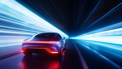 Fototapeta premium Modern Electric car rides through tunnel with Ambient light.