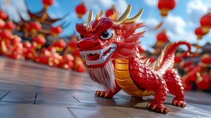 A red dragon statue stands tall amidst a sea of Chinese lanterns, evoking tradition and grandeur.