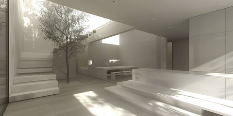 Obraz premium Minimalist Interior Design with a Small Tree and White Walls