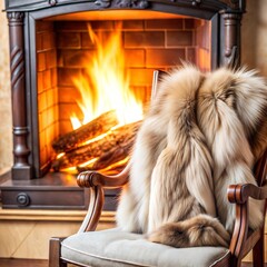 "A stylish fur cape draped over a chair in front of a roaring fireplace"