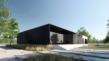 Obraz premium Modern Minimalist House with Large Windows and Open Layout