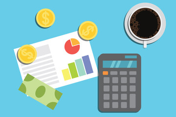 Money Financial Report and Calculator with Coffee on Business Table Top View. Investment opportunities and declaring income concept vector art