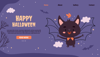 Happy Halloween landing page. Funny bat on a purple background.
