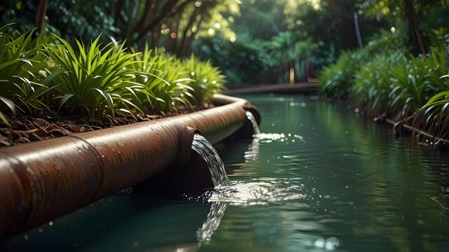 Water flows out of the pipe into the river. Seamless 4K looping timelapse video animation background