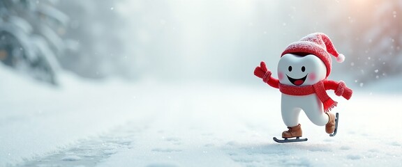 Cheerful tooth mascot ice skating in winter wonderland with copy space