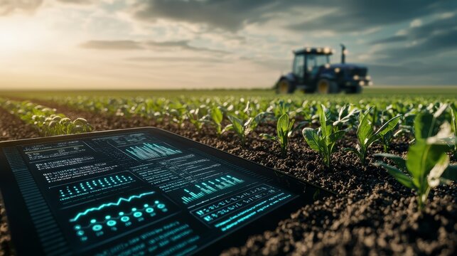 Innovative agriculture technology with data analysis on a tablet in a green field, showcasing modern farming practices and machinery.