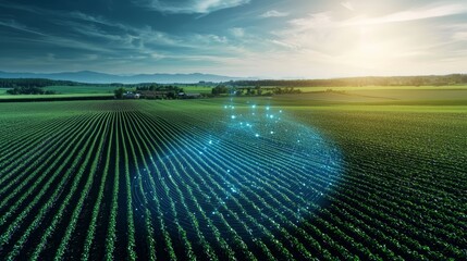 Aerial view of vibrant fields under a clear sky, showcasing innovative agricultural technology enhancements.