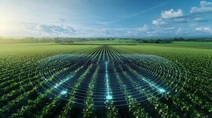 Aerial view of a green farm field with futuristic data visualization overlay representing smart agriculture technology.