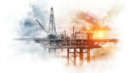 Obraz premium An artistic depiction of an oil rig silhouetted against a vibrant sunset, showcasing industrial energy at sea.