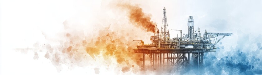 An offshore oil rig silhouetted against a colorful gradient background, symbolizing energy production and industrial strength.