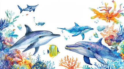 Fototapeta premium Dolphins and Coral Reef.