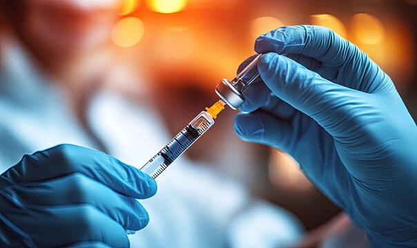 A healthcare professional preparing a vaccine using a syringe and vial.