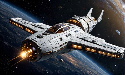 Futuristic Spacecraft Orbiting Earth in Galaxy