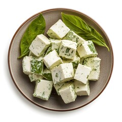 Fresh herb-infused cheese cubes on rustic plate with basil leaves