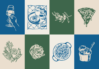 Minimalist hand drawn food and beverages vector illustration collection. Art for greeting cards, wedding invitations, poster design, postcards, branding, logo design, background.