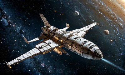 Futuristic Spacecraft Orbiting Earth in Galaxy